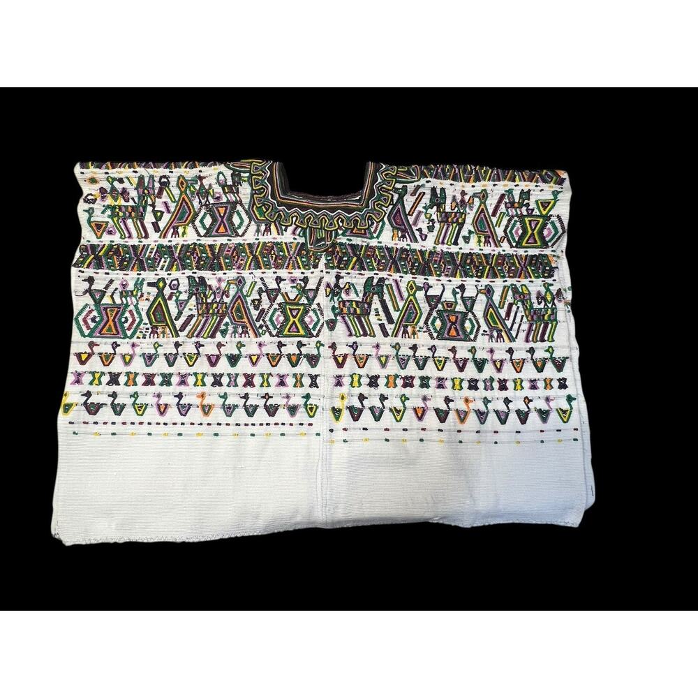 Vintage Handwoven Guatemalan Huipil Embroidered Cotton Poncho Birds Donkeys